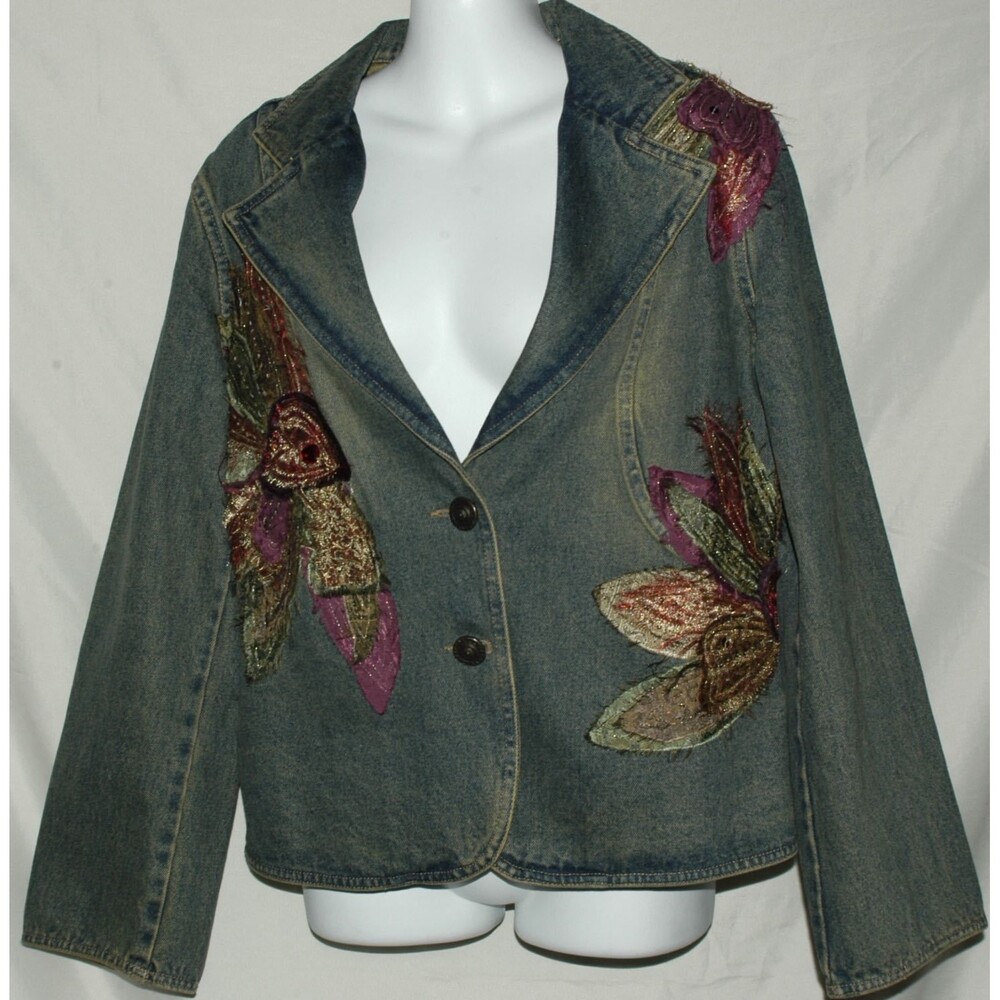 J. Marco Denim Jean Jacket Embroidered Embellished Flowers Size 12
